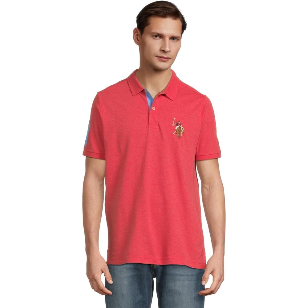 image:imageUS Polo Assn Mens Multicolor Double Rider Logo Solid Pique PoloField Red HeatherSurf Spring