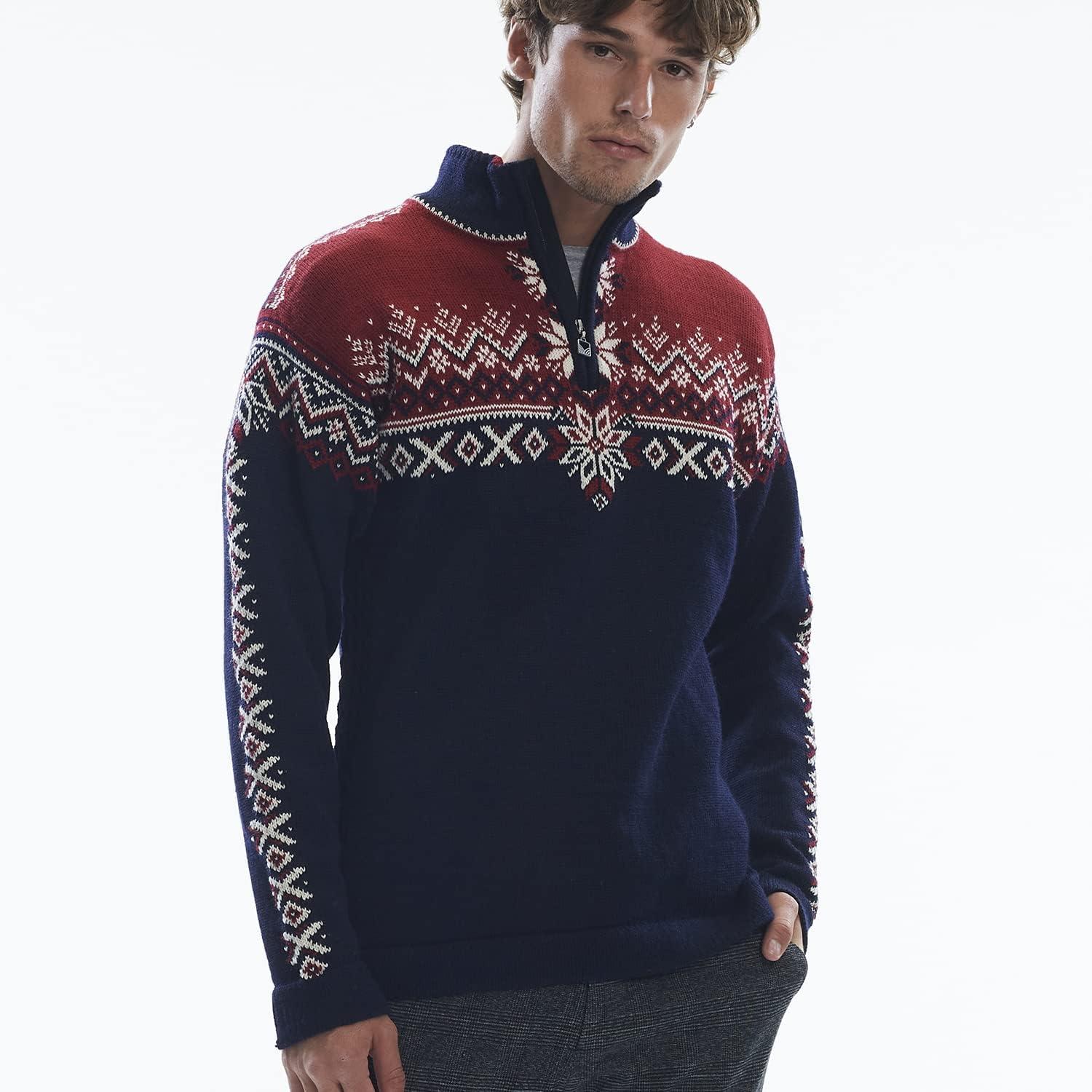 image:imageDale of Norway 140th Anniversary Mens Sweater 100 Lightweight Wool Ski Sweater Mens Sweaters and PulloversNavy Red Rose Offwhite