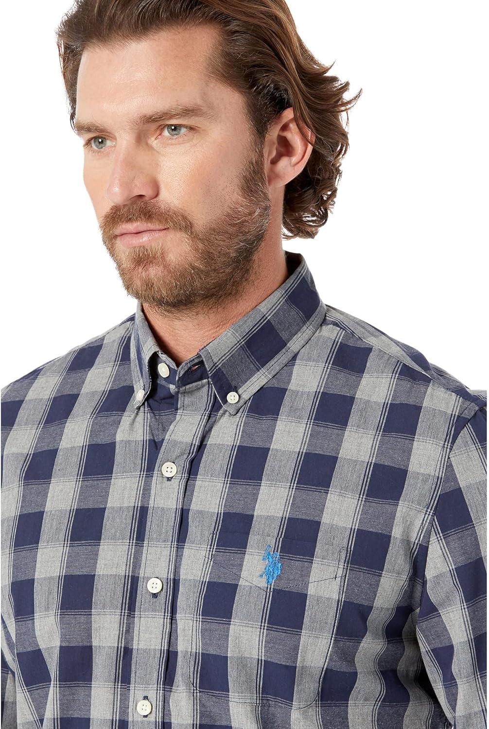 image:imageUS POLO ASSN Long Sleeve YarnDye Heathered Plaid Woven ShirtClassic Navy