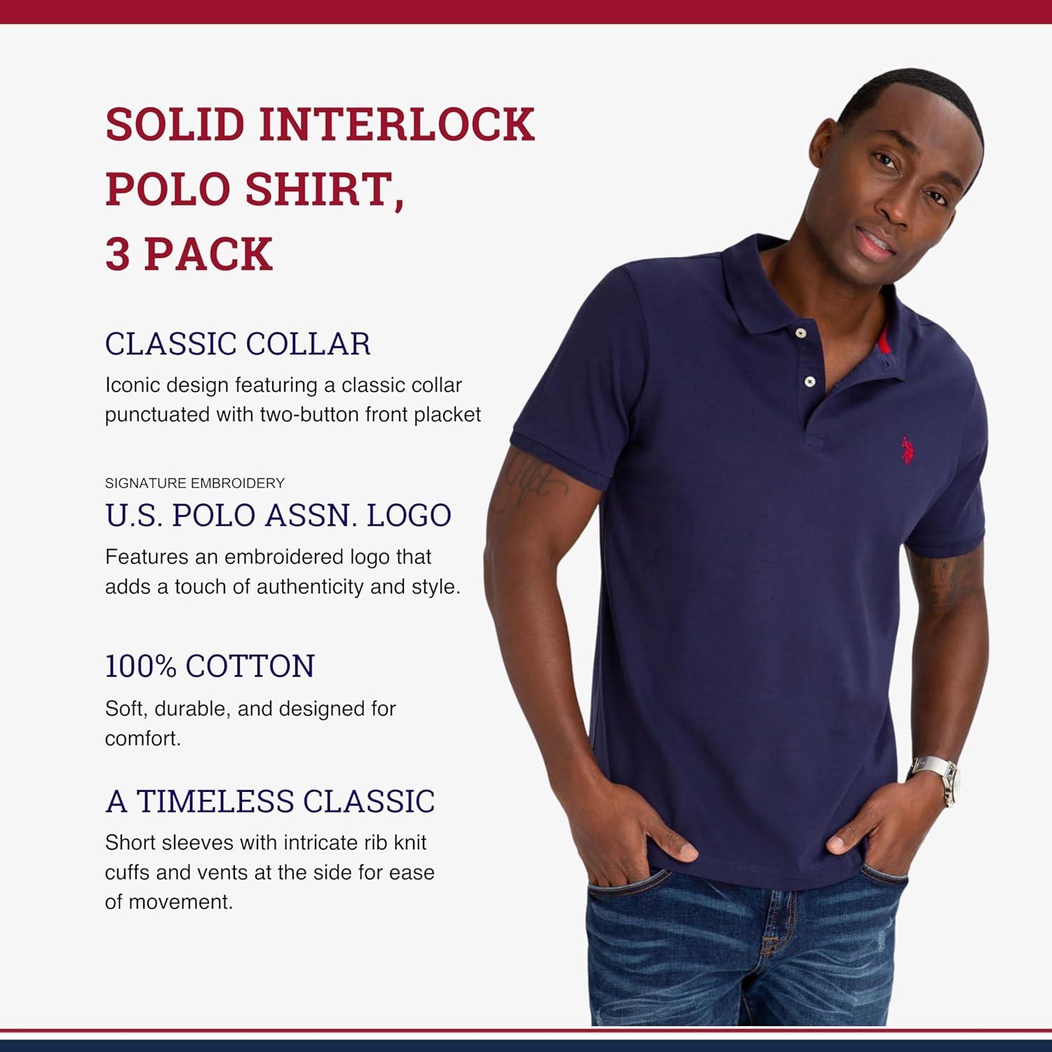 image:imageUS Polo Assn Mens Solid Short Sleeve Interlock Polo Shirt Golf Shirts for Men Business Casual PolosClassic NavyWhiteEngine Red