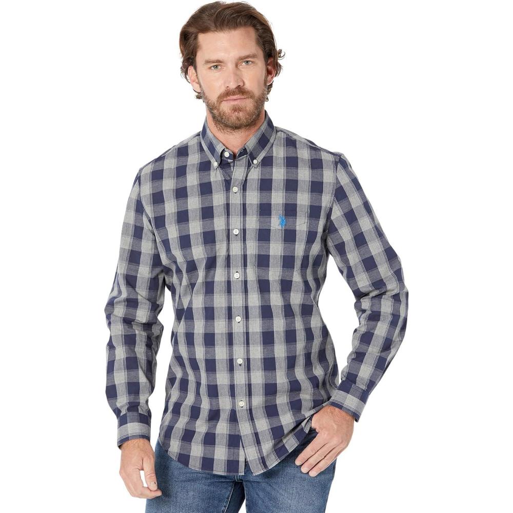 image:imageUS POLO ASSN Long Sleeve YarnDye Heathered Plaid Woven ShirtClassic Navy