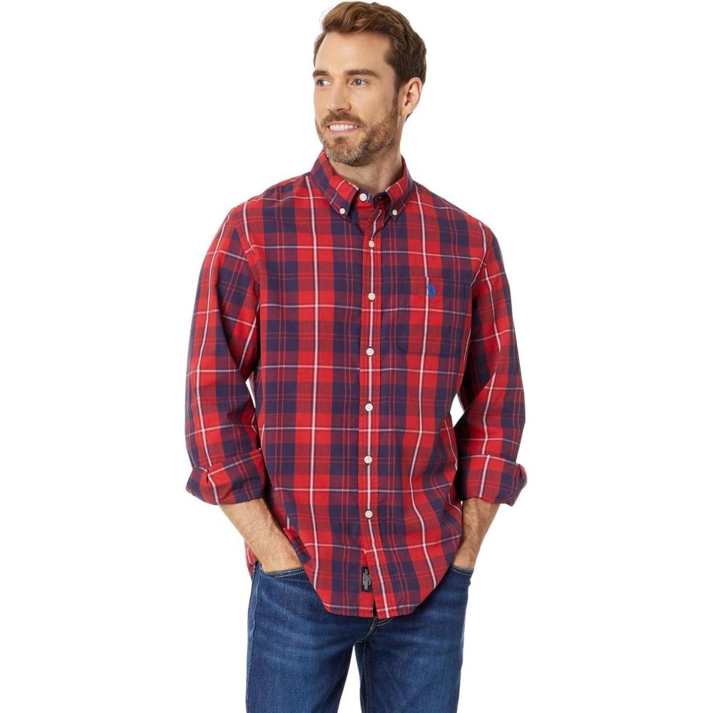 image:imageUS POLO ASSN Long Sleeve YarnDye Poplin Large Plaid Woven ShirtRythmic Red
