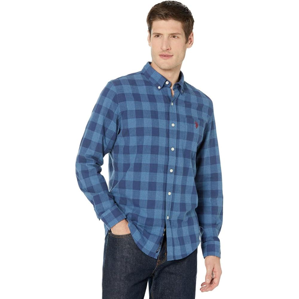 image:imageUS Polo Assn Long Sleeve Slim Fit Buffalo Plaid Woven Shirt Rinse Blue Heather SMRinse Blue Heather