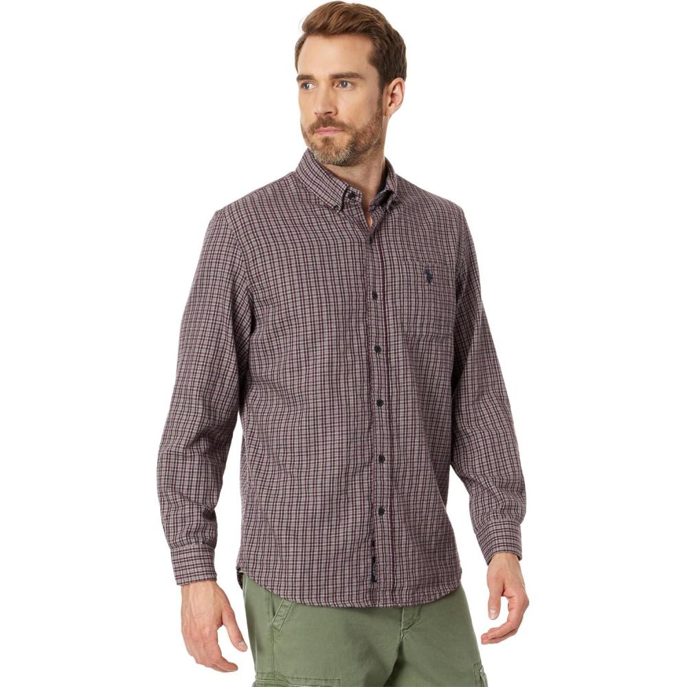 image:imageUS Polo Assn Long Sleeve YarnDye Peached Heathered Plaid Woven Shirt Maroon Banner MD