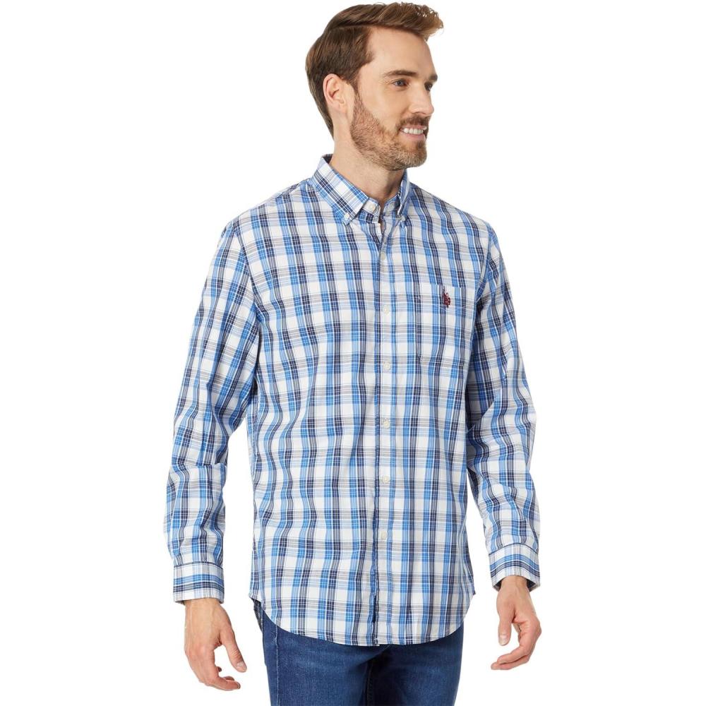 image:imageUS Polo Assn Long Sleeve YarnDye Stretch Plaid Woven Shirt Classic Navy SM