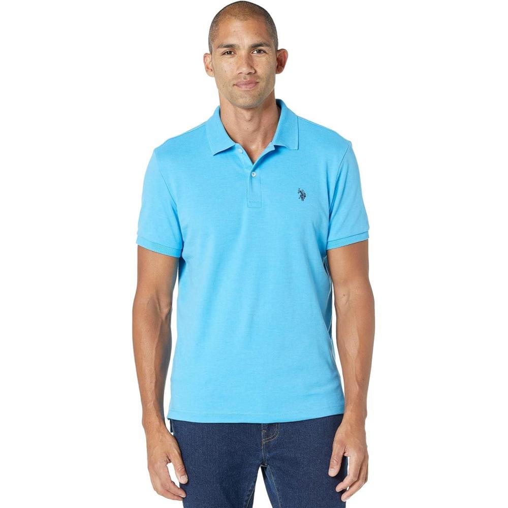 image:imageUS Polo Assn Mens Solid Short Sleeve Interlock Polo Shirt Golf Shirts for Men Business Casual PolosBlue Fin Heather