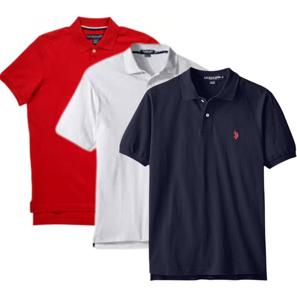 image:imageUS Polo Assn Mens Solid Short Sleeve Interlock Polo Shirt Golf Shirts for Men Business Casual PolosClassic NavyWhiteEngine Red