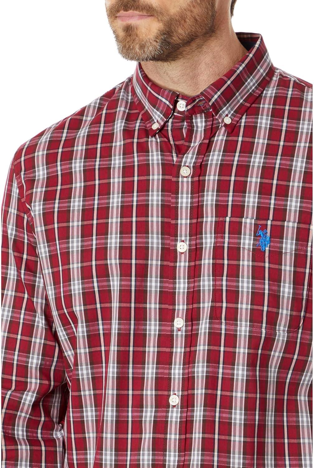 image:imageUS Polo Assn Long Sleeve YarnDye Stretch Plaid Woven Shirt Maroon Banner LG