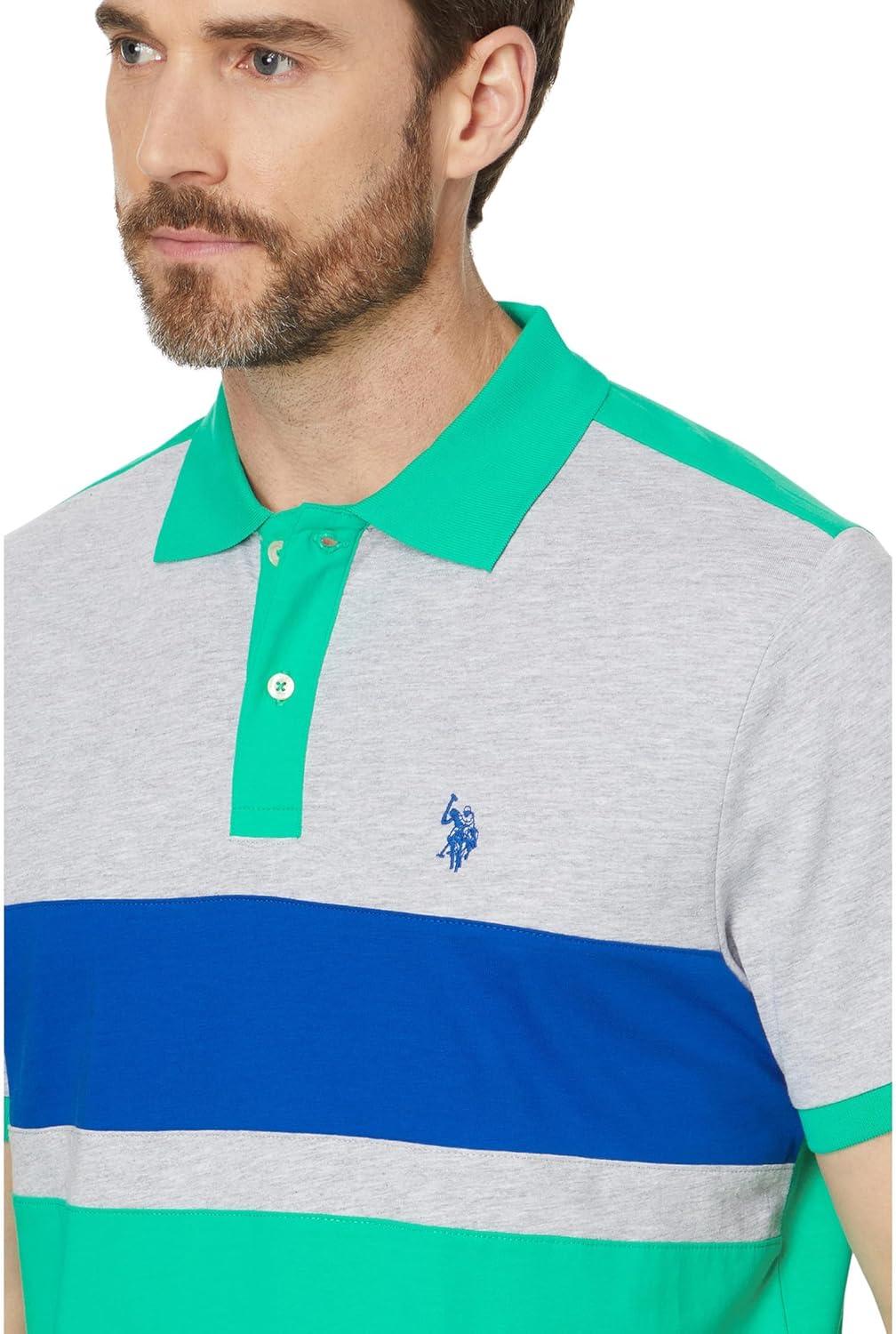 image:imageUS Polo Assn Mens Short Sleeve 3 Colorblock Jersey Knit Polo ShirtLight Heather Grey W Blue Raft