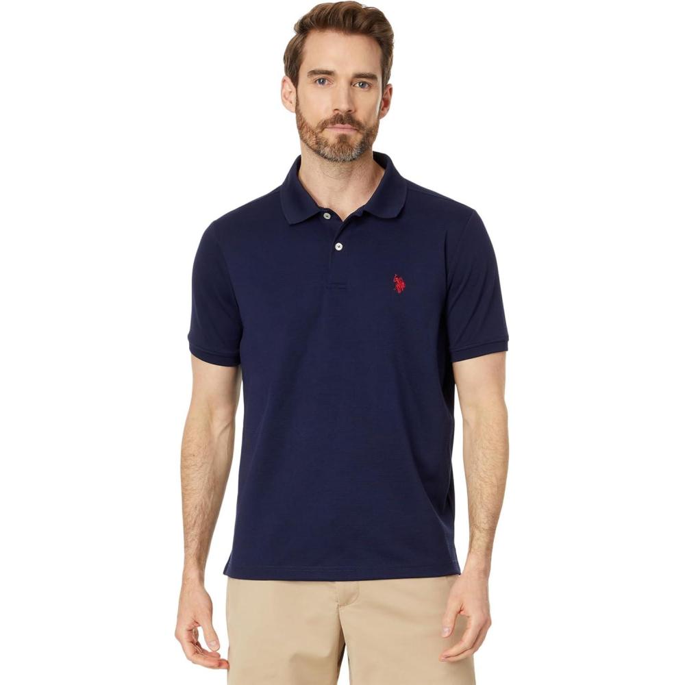image:imageUS POLO ASSN Mens Poly Spandex Ottoman Knit Short Sleeve Solid Performance Textured Polo Shirt Classic Navy Large