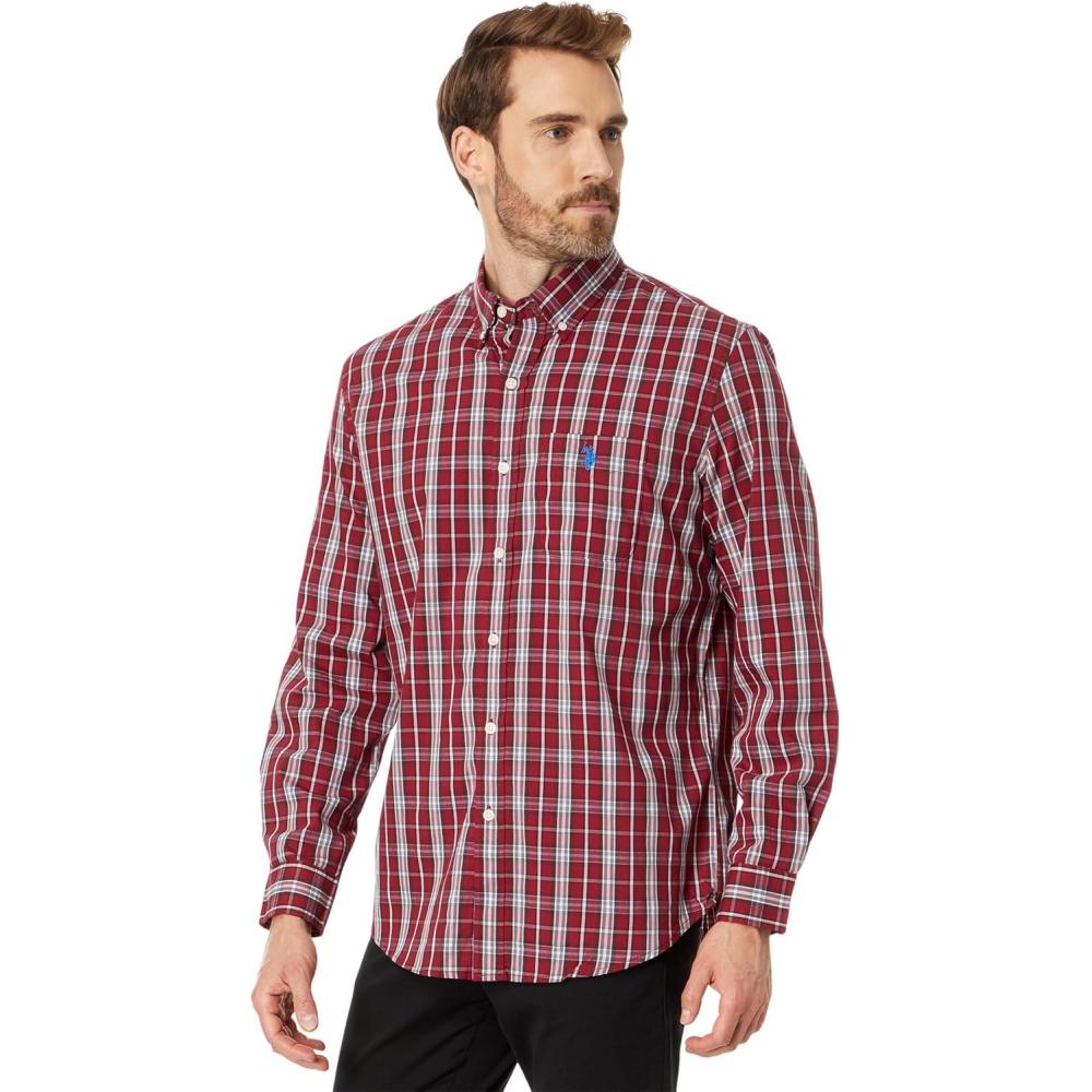 image:imageUS Polo Assn Long Sleeve YarnDye Stretch Plaid Woven Shirt Maroon Banner LG