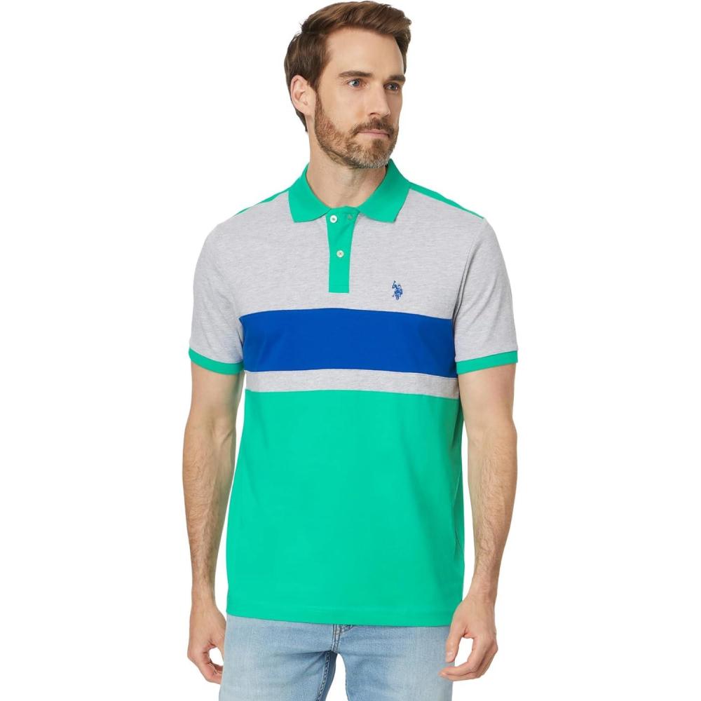 image:imageUS Polo Assn Mens Short Sleeve 3 Colorblock Jersey Knit Polo ShirtLight Heather Grey W Blue Raft