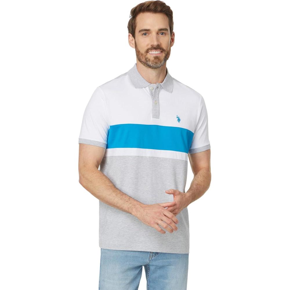 image:imageUS Polo Assn Mens Short Sleeve 3 Colorblock Jersey Knit Polo ShirtWhite W Beacon Blue