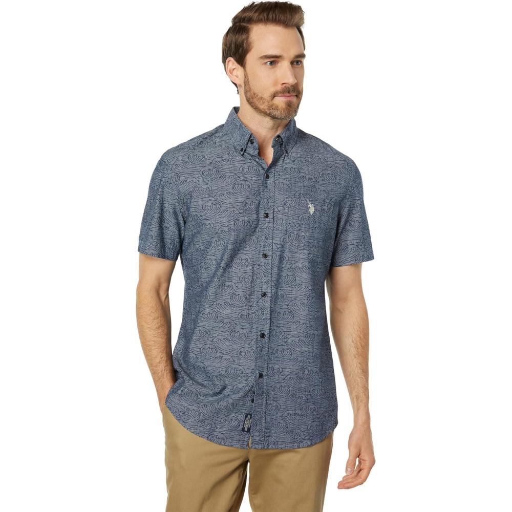 image:imageUS Polo Assn Short Sleeve Printed Chambray Denim Woven Shirt Infinity Blue SM