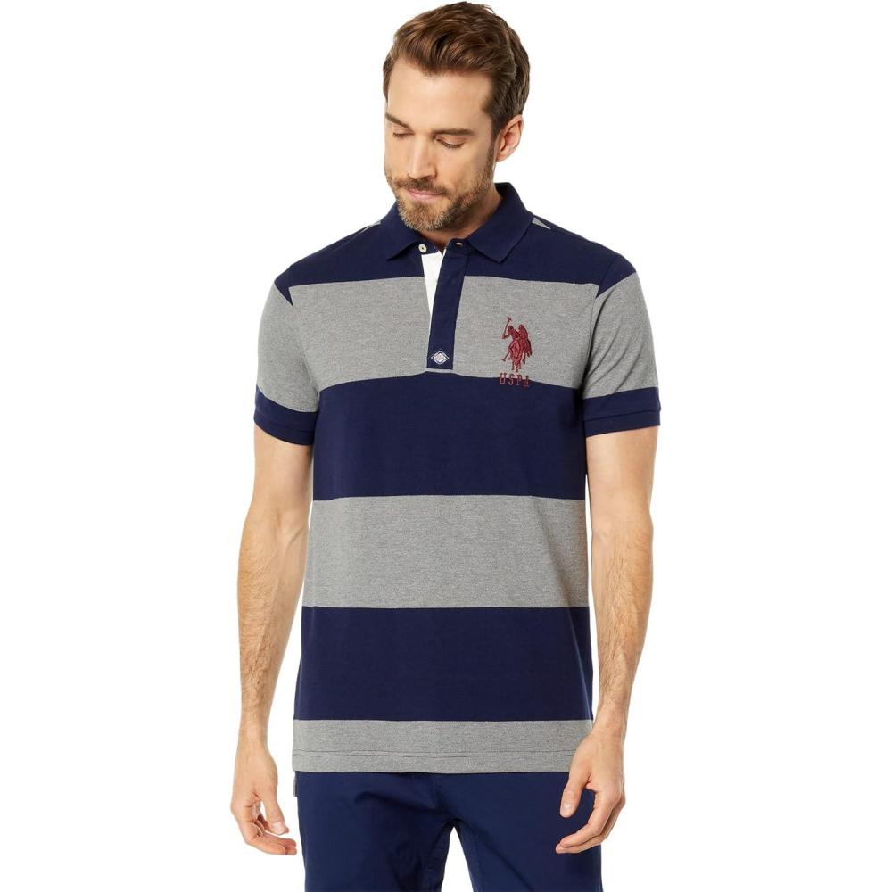 image:imageUS Polo Assn Slim Fit YarnDye Stripe Pique Knit Shirt Heather Grey SM