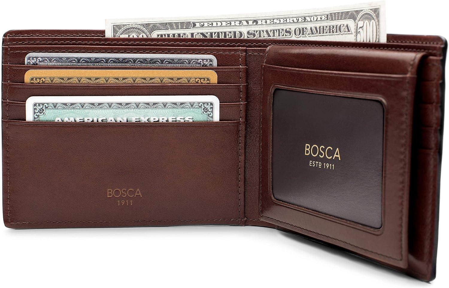 image:imageBosca Mens Leather Wallet with Removable ID Passcase Dolce Italian leather Wallet for Men 8 Card Slots Bifold Design HandStitched Detailing Polished Finish Dark BrownDark Brown