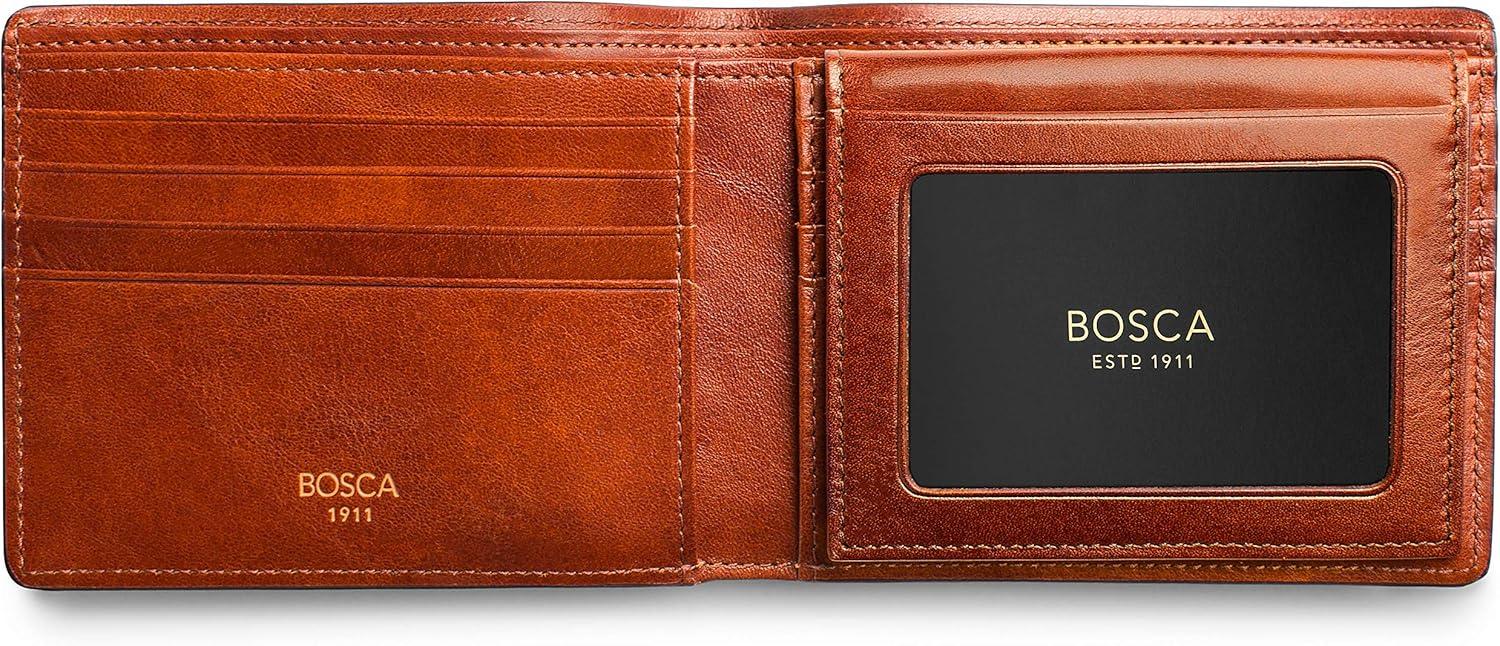image:imageBosca Mens Leather Wallet with Removable ID Passcase Dolce Italian leather Wallet for Men 8 Card Slots Bifold Design HandStitched Detailing Polished Finish Dark BrownAmber