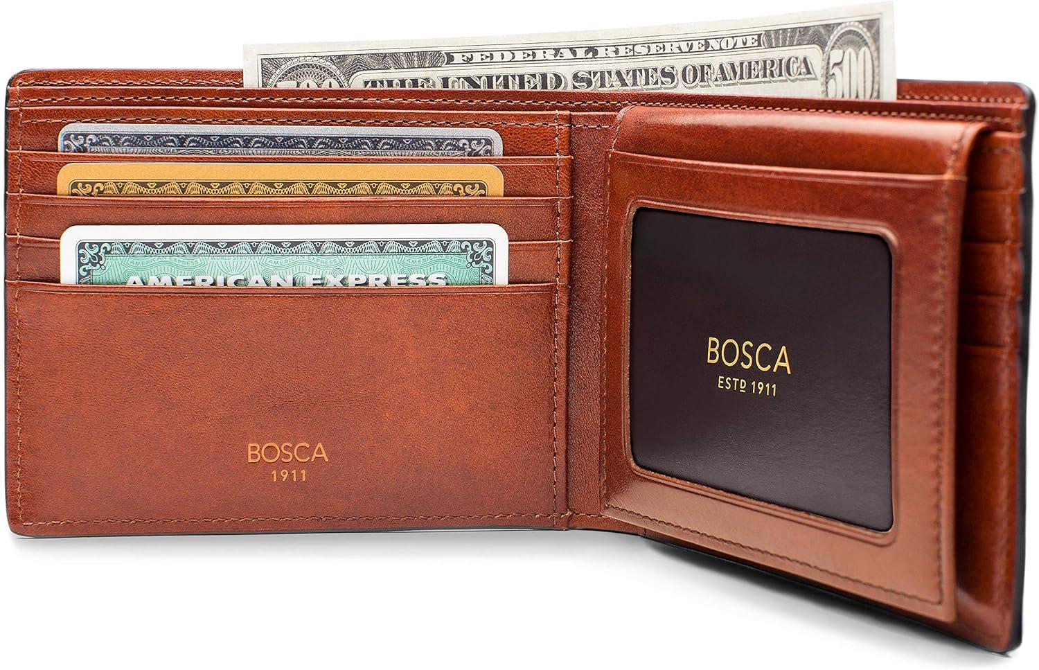 image:imageBosca Mens Leather Wallet with Removable ID Passcase Dolce Italian leather Wallet for Men 8 Card Slots Bifold Design HandStitched Detailing Polished Finish Dark BrownAmber