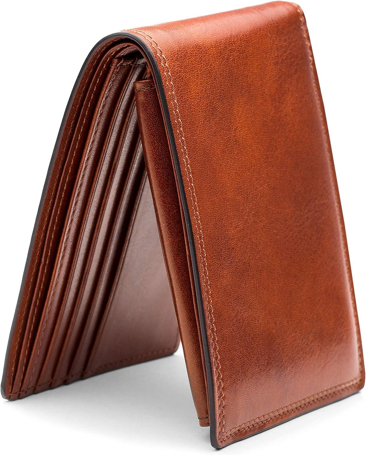 image:imageBosca Mens Leather Wallet with Removable ID Passcase Dolce Italian leather Wallet for Men 8 Card Slots Bifold Design HandStitched Detailing Polished Finish Dark BrownAmber