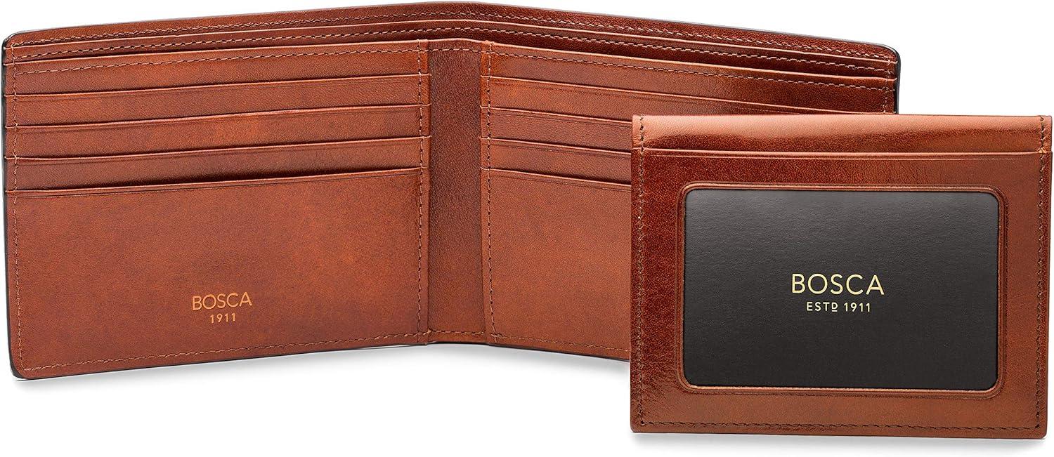 image:imageBosca Mens Leather Wallet with Removable ID Passcase Dolce Italian leather Wallet for Men 8 Card Slots Bifold Design HandStitched Detailing Polished Finish Dark BrownAmber