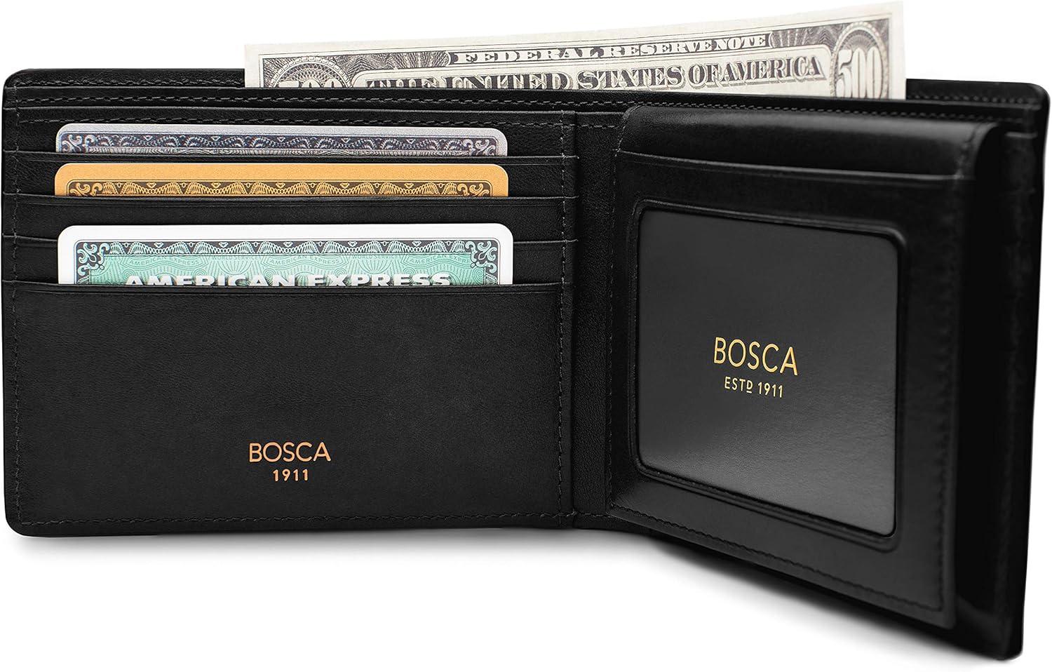 image:imageBosca Mens Leather Wallet with Removable ID Passcase Dolce Italian leather Wallet for Men 8 Card Slots Bifold Design HandStitched Detailing Polished Finish Dark BrownBlack