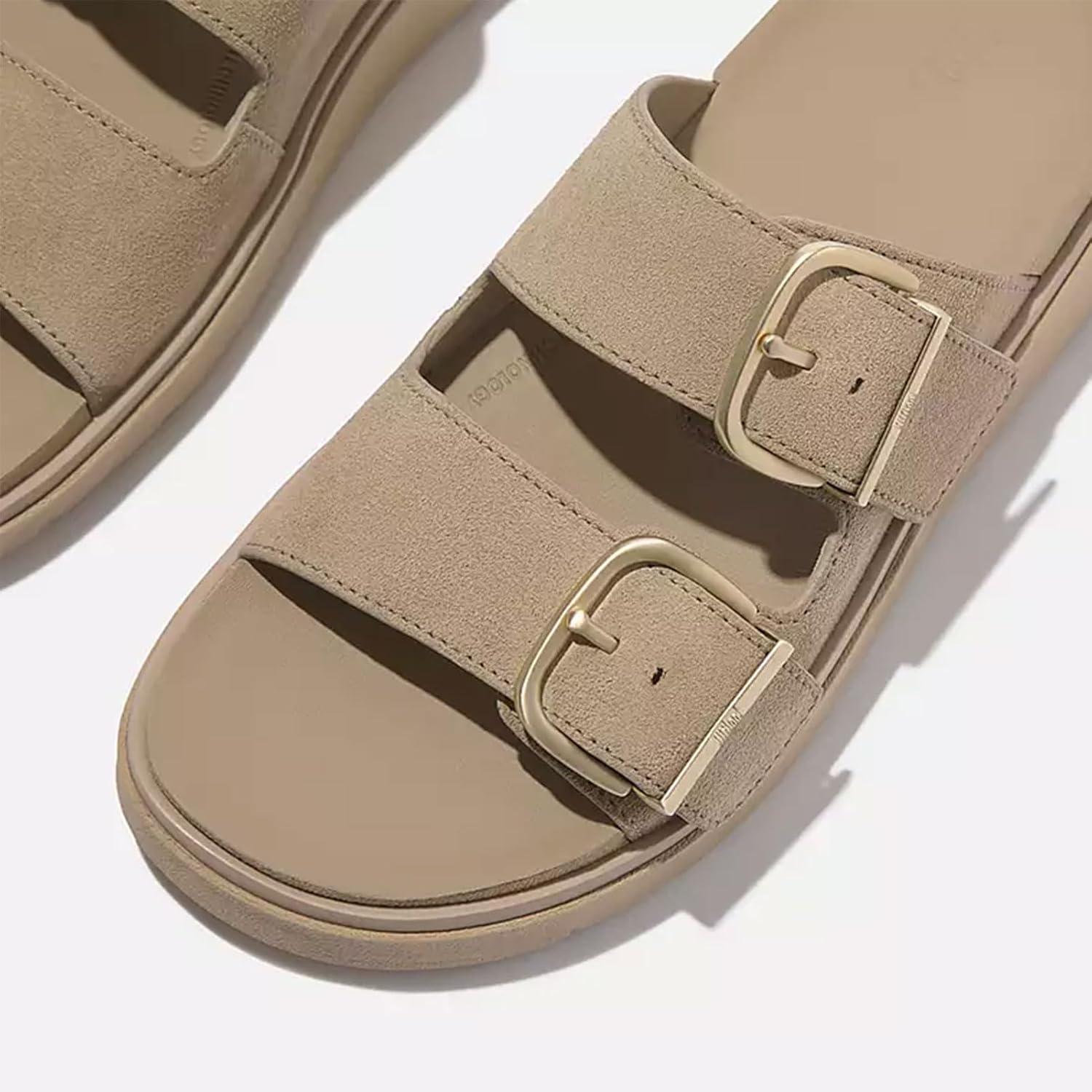image:imageFitFlop Womens GenFF Buckle TwoBar Suede Slides Lightweight Ergonomic Adjustable SlipOn Platform Sandals wChunky SoleCappuccino