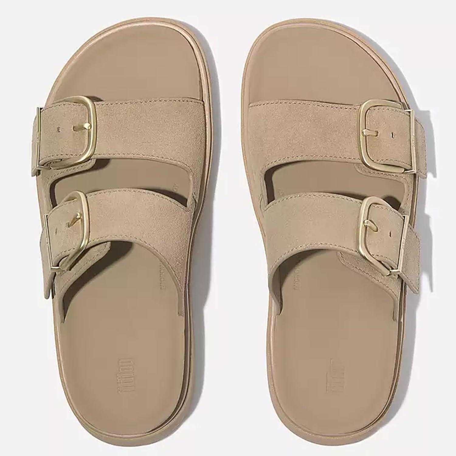 image:imageFitFlop Womens GenFF Buckle TwoBar Suede Slides Lightweight Ergonomic Adjustable SlipOn Platform Sandals wChunky SoleCappuccino