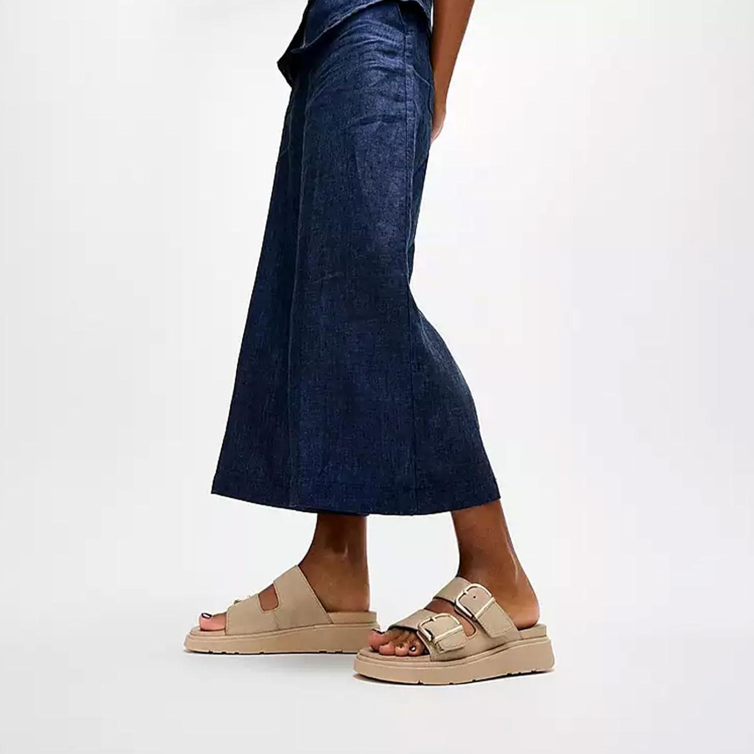 image:imageFitFlop Womens GenFF Buckle TwoBar Suede Slides Lightweight Ergonomic Adjustable SlipOn Platform Sandals wChunky SoleCappuccino