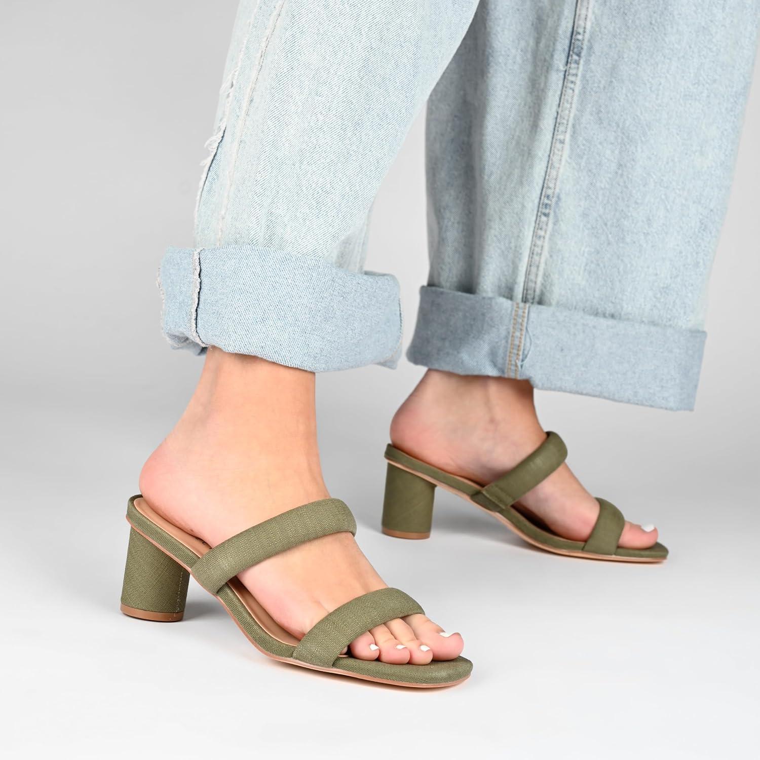 image:imageJournee Womens Double Strap Puff Linen Slip On Round Covered Heel Open Square Toe Aniko Comfort SandalsBrown
