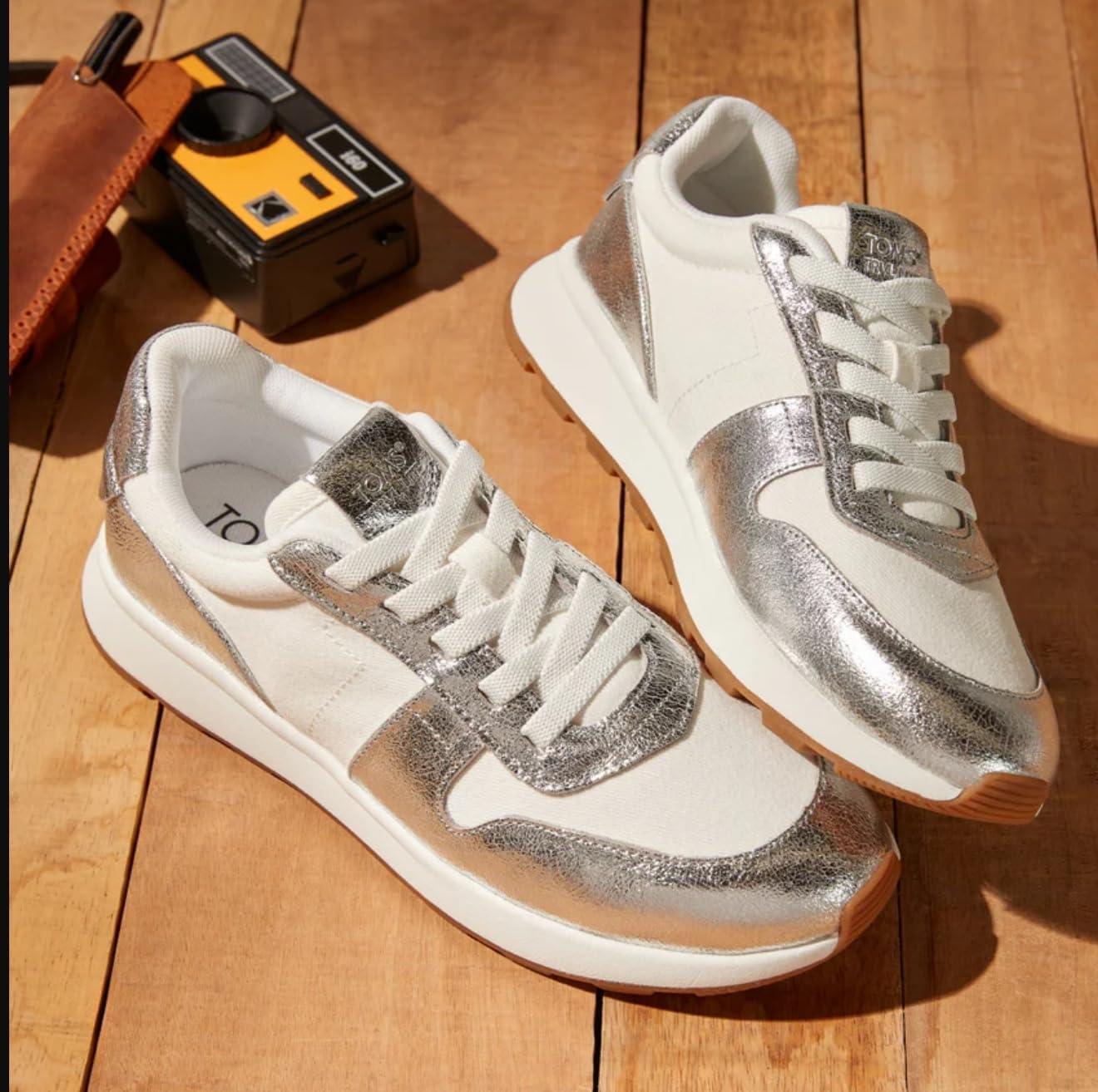 image:imageToms Womens Verona MidWater Repellent Silver Crinkle Metallic Leather Vintage Twill