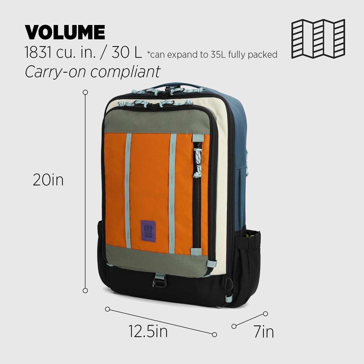 image:imageTopo Designs Global Travel Bag 3040 Liter Carryon Compliant Versatile Pack 3 Carry Options External Laptop Sleeve EcoFriendly 30L Apex Pond BluePond BlueSpice