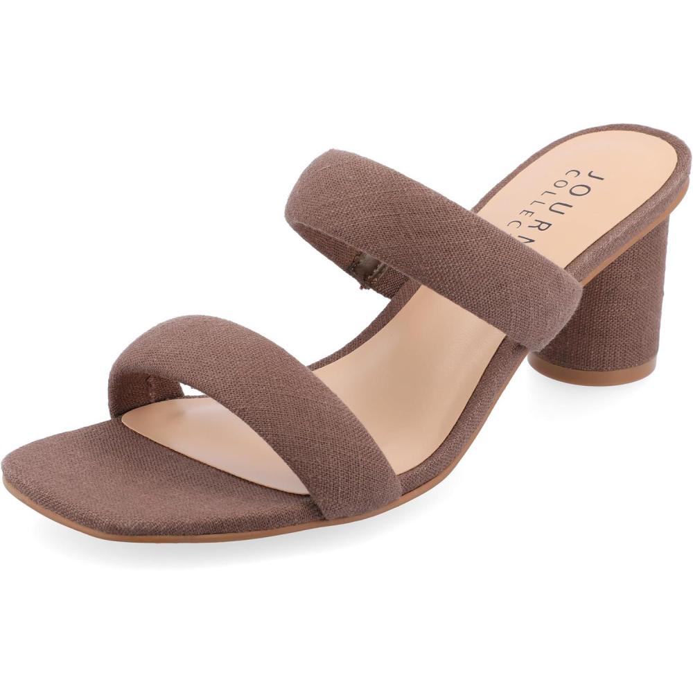 image:imageJournee Womens Double Strap Puff Linen Slip On Round Covered Heel Open Square Toe Aniko Comfort SandalsBrown