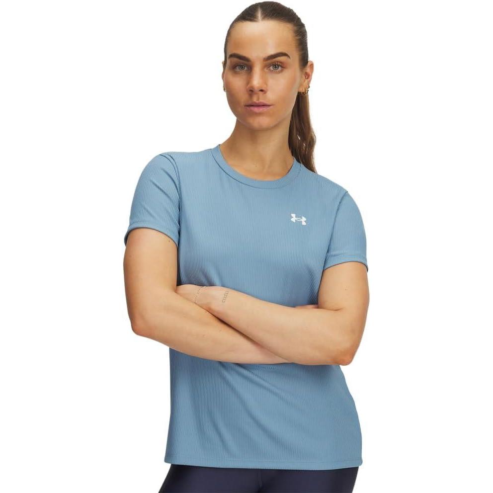 image:imageUnder Armour Womens Tech Ribbed Short Sleeve Crew418 Blue Smoke   White