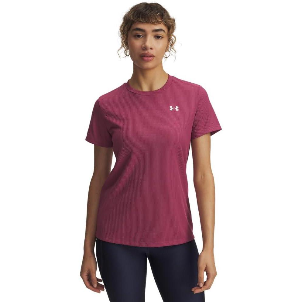 image:imageUnder Armour Womens Tech Ribbed Short Sleeve Crew659 Fuchsia Dusk   White