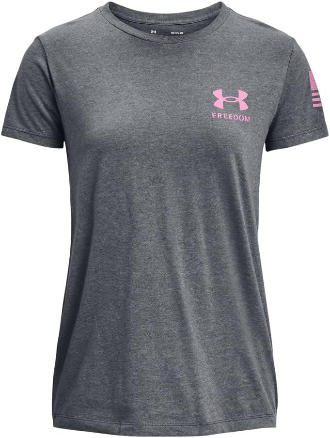 image:imageUnder Armour Womens New Freedom Logo TShirt012 Pitch Gray Medium Heather Pink Edge