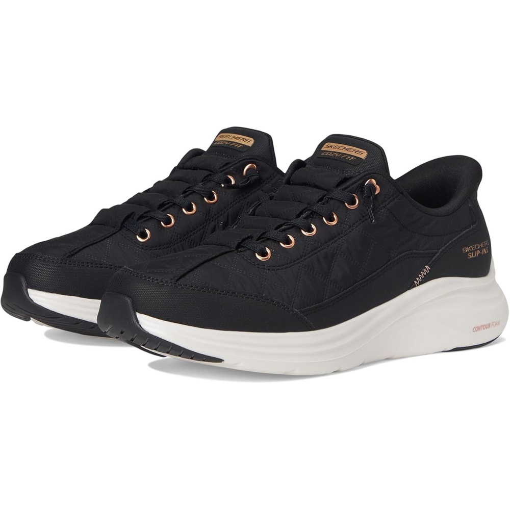 image:imageSkechers Womens Contour Foam  Cozy Fit Golden Hour Hands Free SlipinsBlack Rose Gold