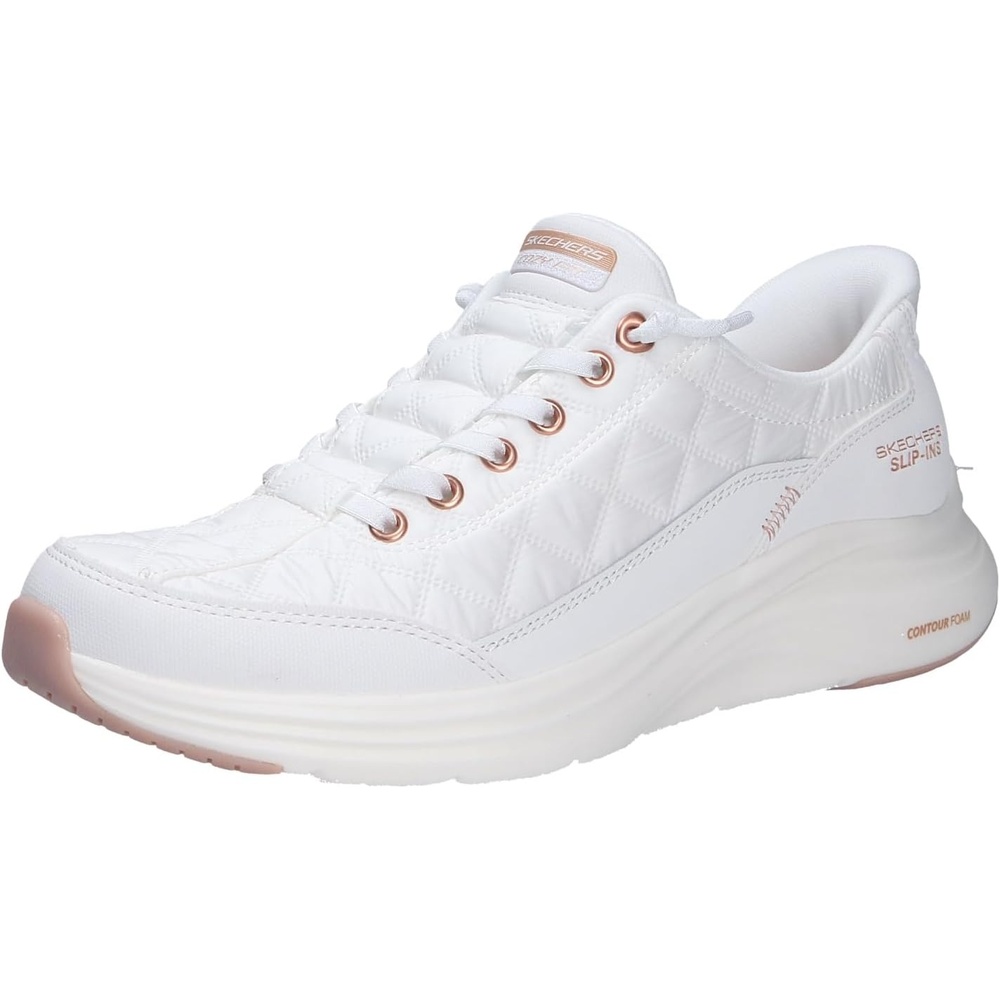 image:imageSkechers Womens Contour Foam  Cozy Fit Golden Hour Hands Free SlipinsWhite Rose Gold