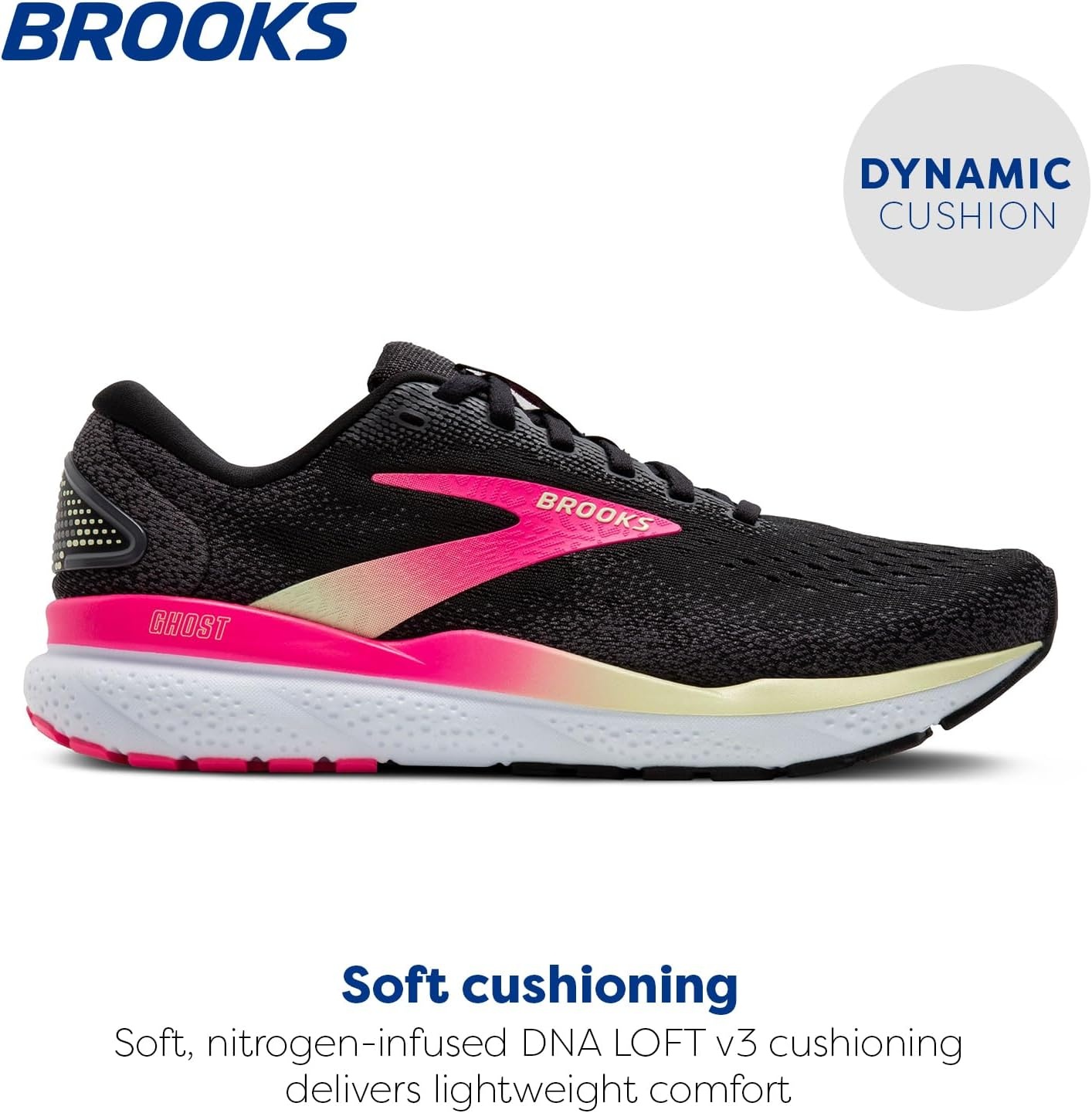 image:imageBrooks Womens Ghost 16 Neutral Running ShoeBlackPinkYellow