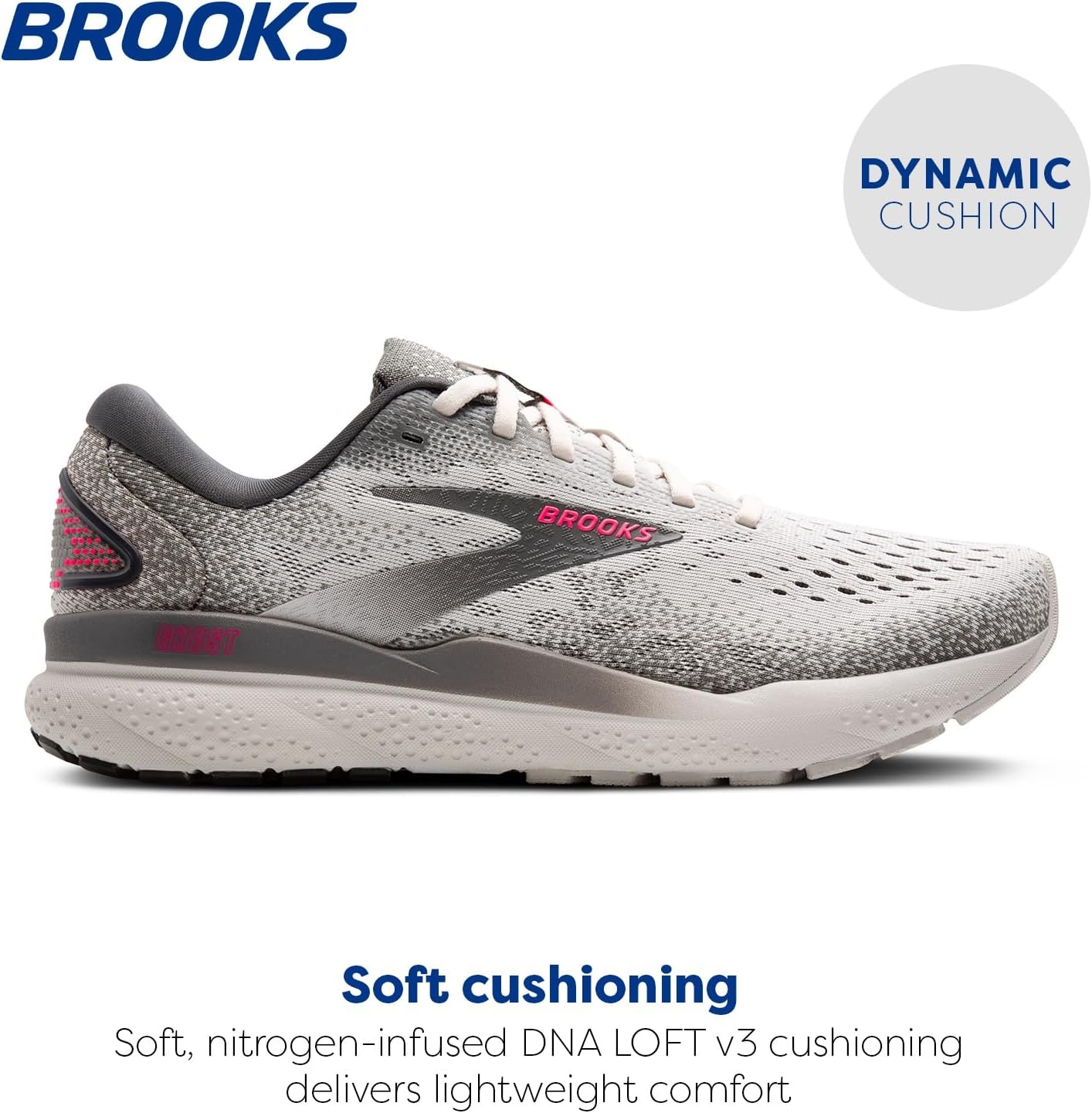 image:imageBrooks Womens Ghost 16 Neutral Running ShoeGreyGargoylePink
