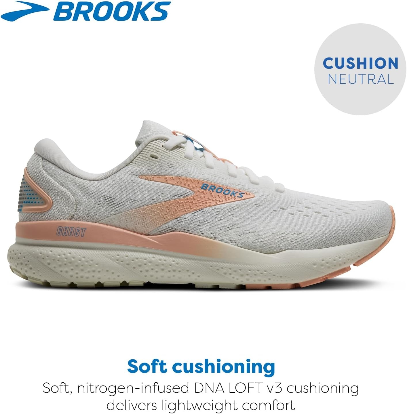 image:imageBrooks Womens Ghost 16 Neutral Running ShoeWhiteBluewashTropical Peach