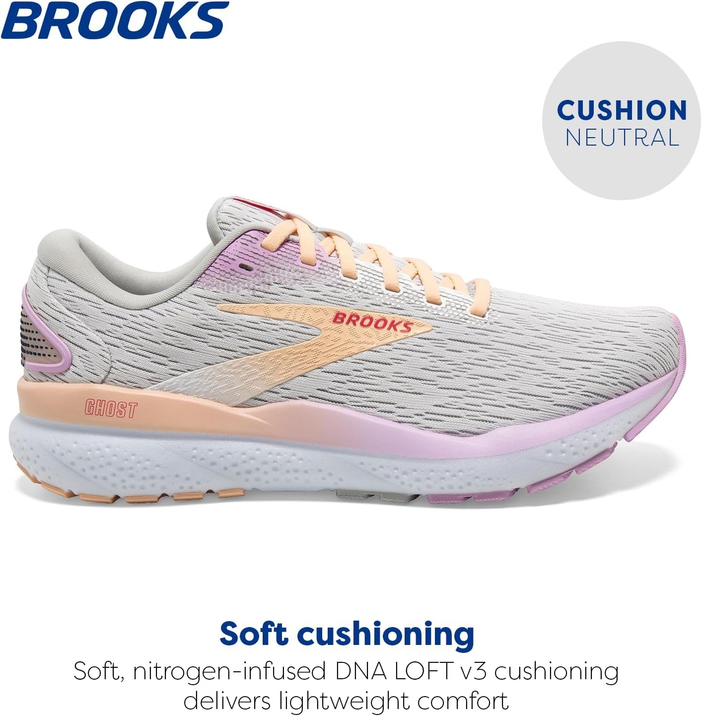 image:imageBrooks Womens Ghost 16 Neutral Running ShoeWhiteGreyOrchid