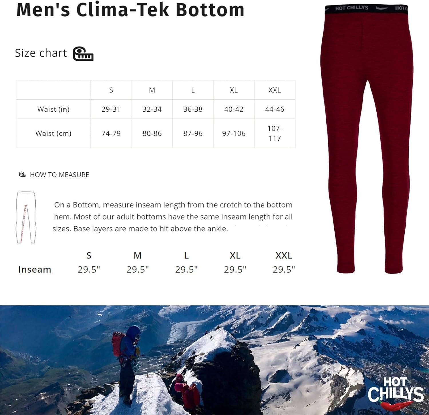 image:imageHot Chillys Mens ClimaTek Base Layer Bottoms Breathable MoistureWicking QuickDrying Relaxed Fit Thermal UnderwearBurgundy Heather