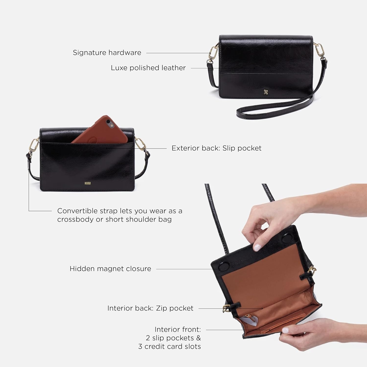 image:imageHOBO Jill Trifold Leather Wallet for Women Snap ClosureBlack