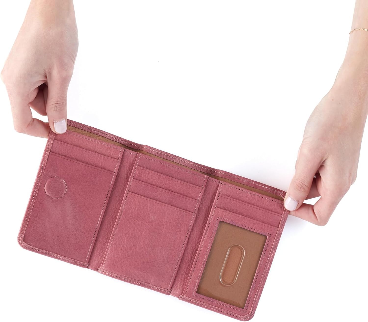 image:imageHOBO Jill Trifold Leather Wallet for Women Snap ClosureMauve Tooled Emboss