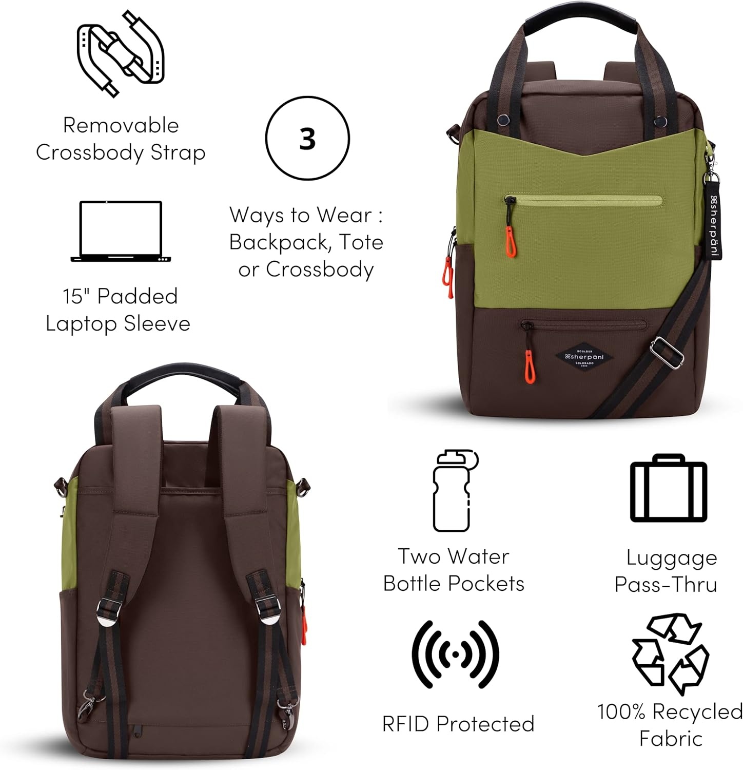 image:imageSherpani Camden Convertible Backpack 3 in 1 Tote Bag 18L Travel Backpack Crossbody Bag for Women Cross Body Purse Travel Gifts RFID Protection Fits 13 Laptop Con LecheCactus