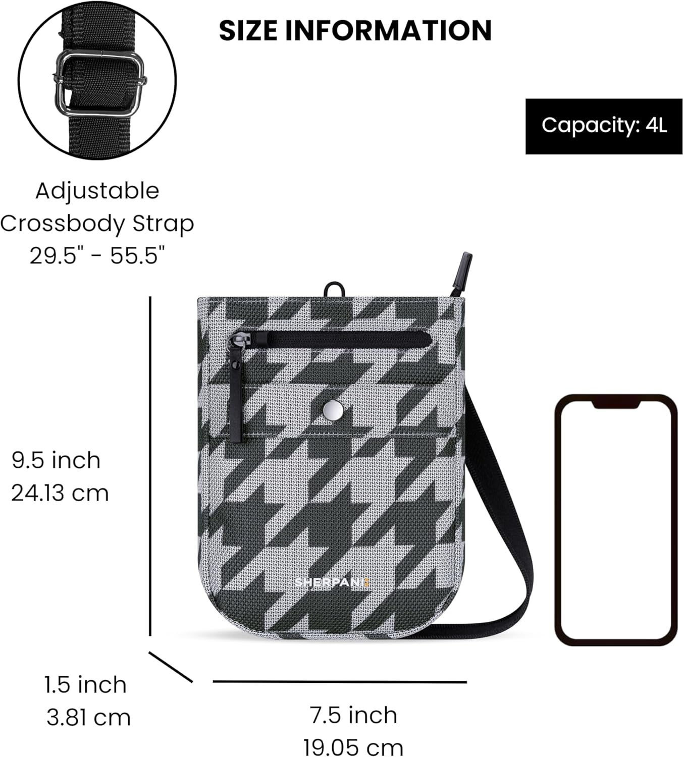 image:imageSherpani Prima Small Anti Theft Crossbody Bag Travel Shoulder Bag Cross Body Purses Handbags Travel GiftHoundstooth