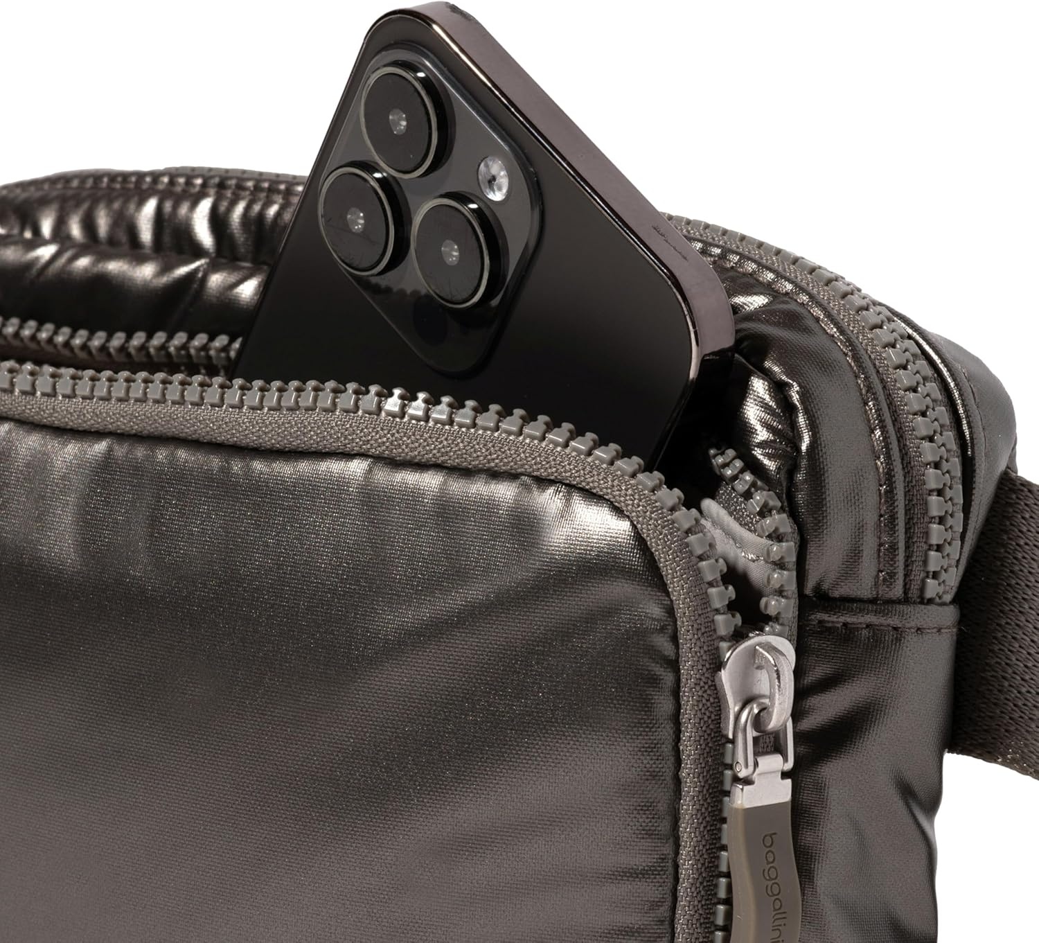 image:imageBaggallini Modern Belt Bag 5x8 Travel Fanny Pack Sling Bag Waistpack wRFID Card Holder Waterresistant Crossbody BagGunmetal Puff