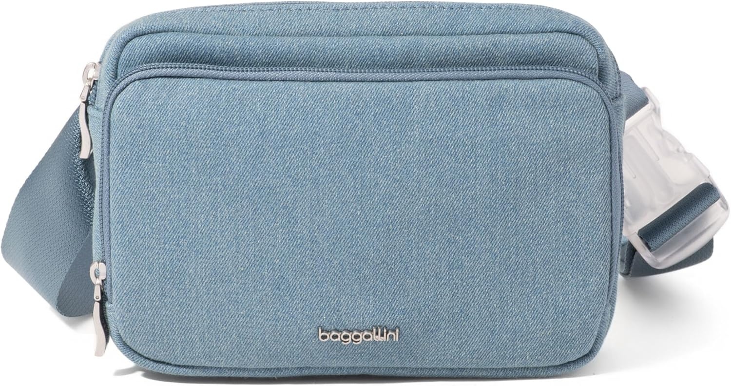 image:imageBaggallini Modern Belt Bag 5x8 Travel Fanny Pack Sling Bag Waistpack wRFID Card Holder Waterresistant Crossbody BagLight Indigo Denim