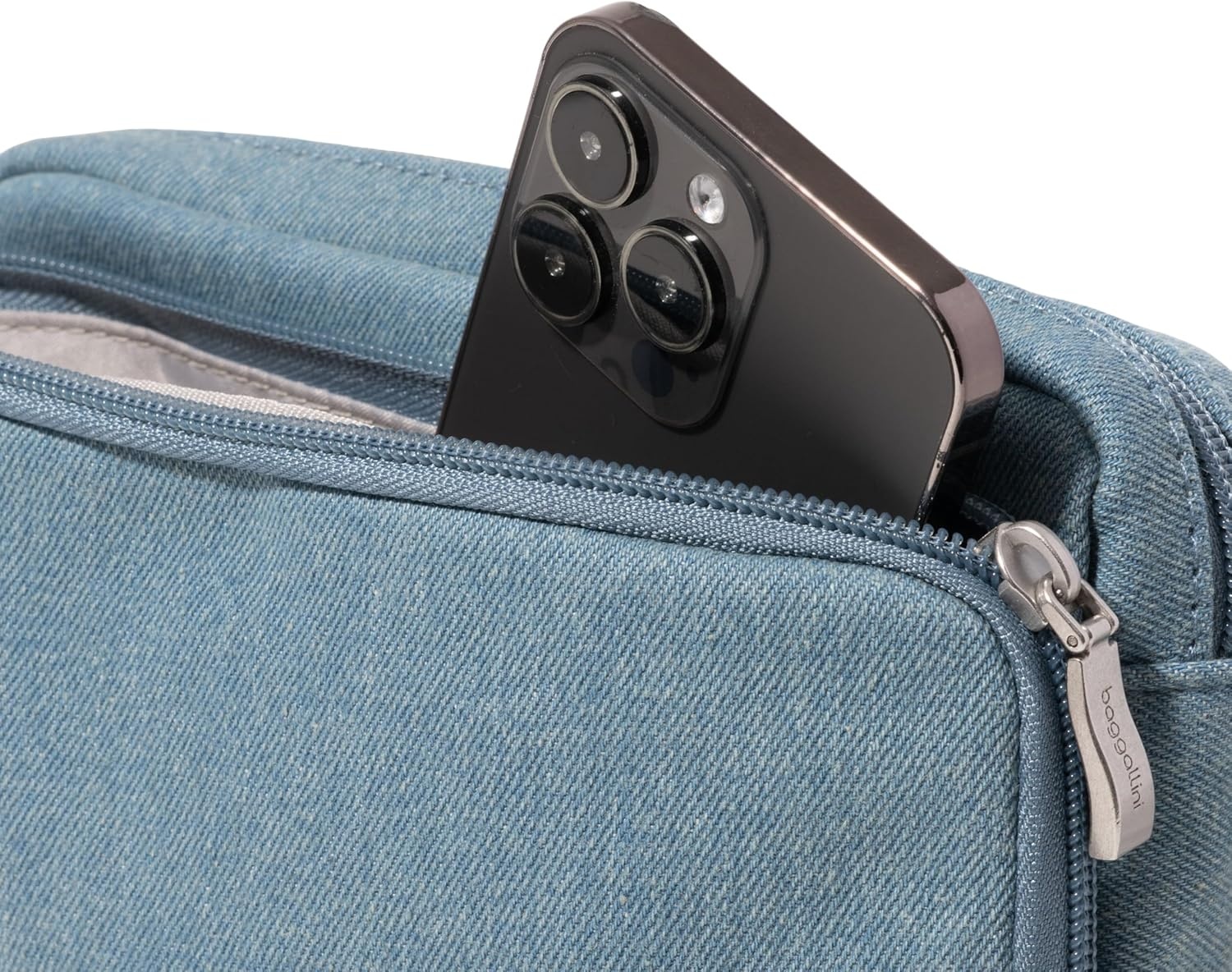 image:imageBaggallini Modern Belt Bag 5x8 Travel Fanny Pack Sling Bag Waistpack wRFID Card Holder Waterresistant Crossbody BagLight Indigo Denim