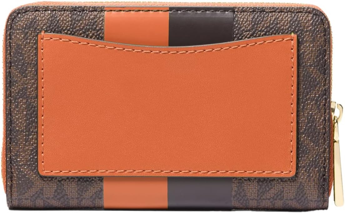 image:imageMichael Kors Jet Set Small Zip Around Card CaseGoldTone HardwareSignature with Center StripeOrange Punch